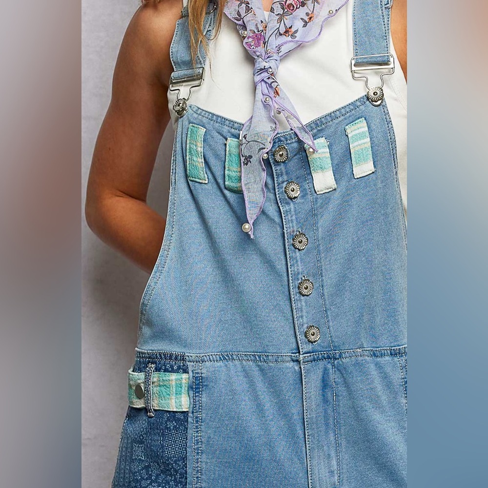POL Printed Patchwork Denim Overalls - Picture 5 of 6